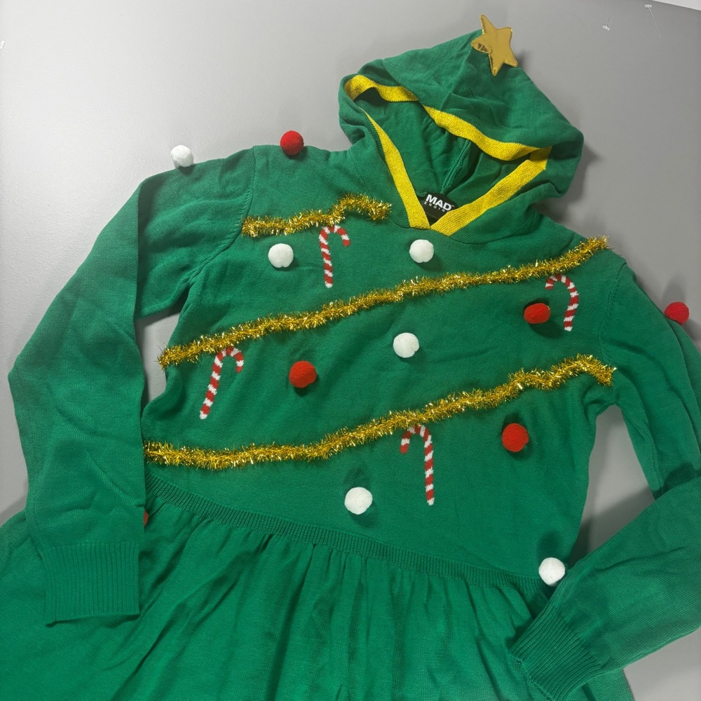Mad‎ Engine Kids Girls XL Christmas Tree Hooded Dress Green Holiday NWT